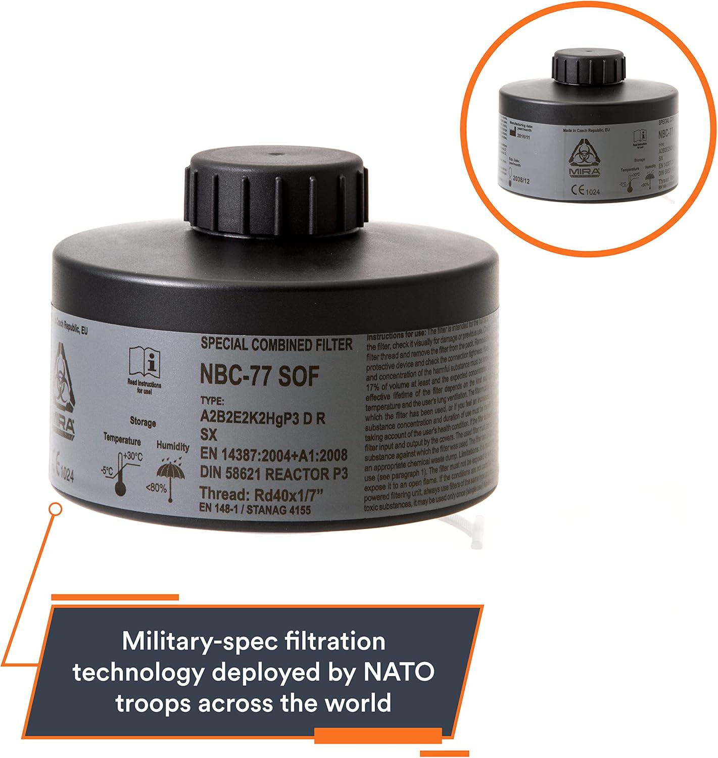 CBRN Gas Mask Filter NBC-77 SOF 40mm Thread - 20 Year Shelf Life